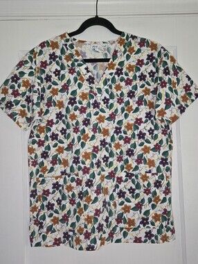 Angelica Floral Scrub Top Womens White Green Purple Orange Short Sleeve Top